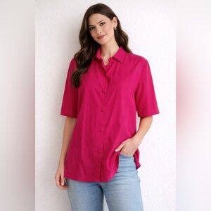 Vintage Dior Bright Pink Casual Cotton Button Short Sleeve Shirt LARGE Officecor